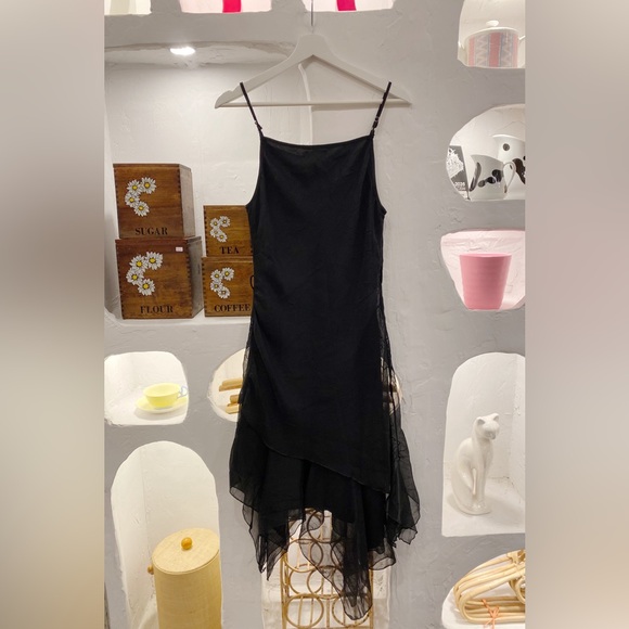 Black Mesh Asymmetrical Flowy Adjustable Spaghetti Strap Dress with Ruffle Skirt - Picture 4 of 7